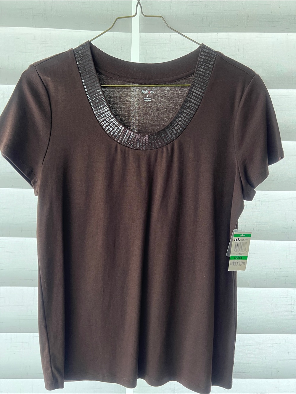 Style & Co. Chocolate Brown Short-Sleeve Tee with Sequin Scoop Neck